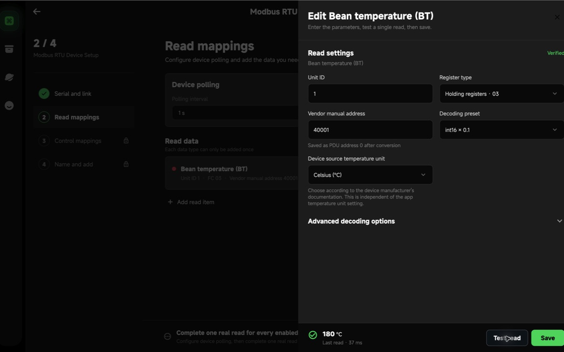 Enter the migrated register and decoding settings in HiBean
