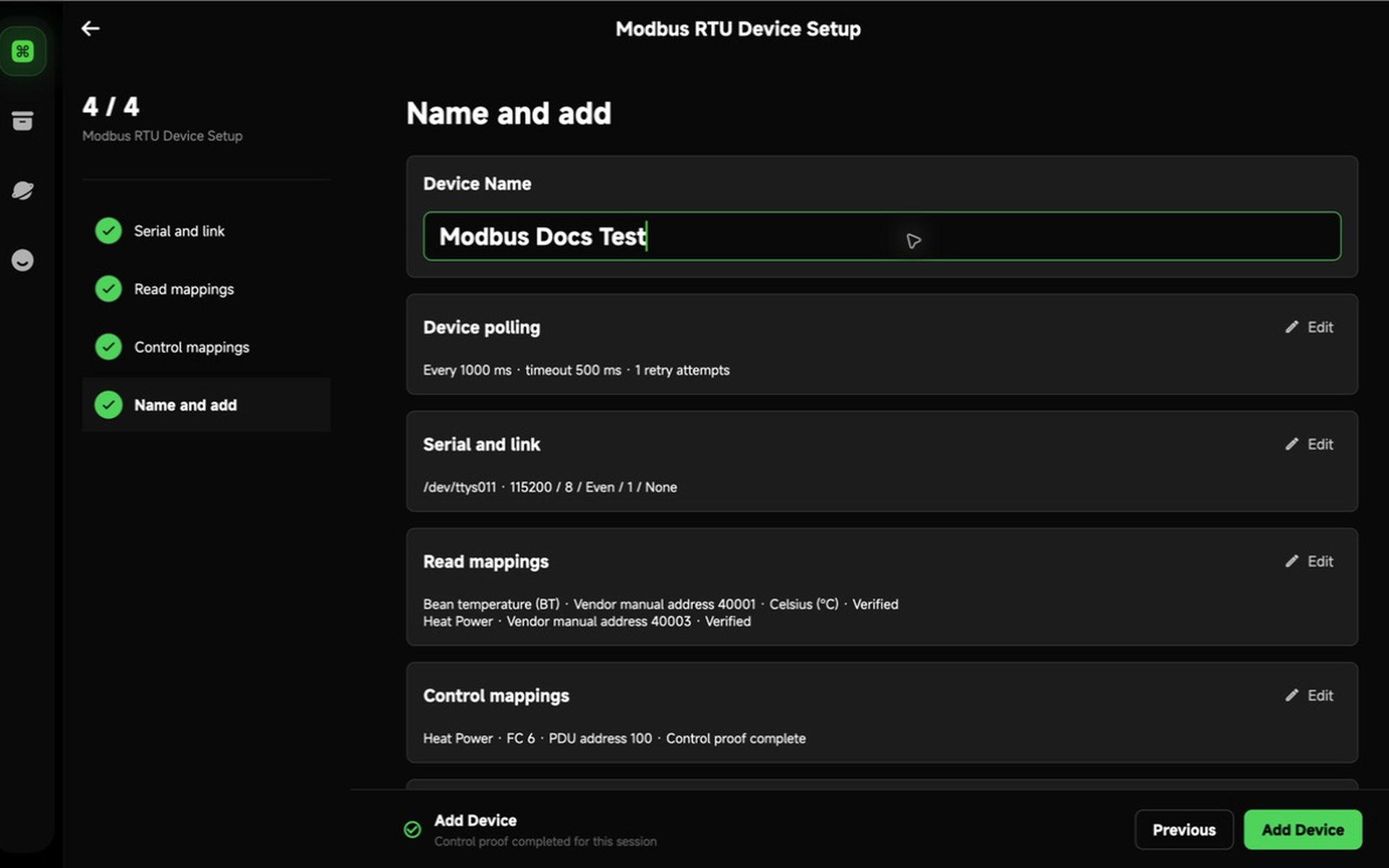 Review and add the Modbus device