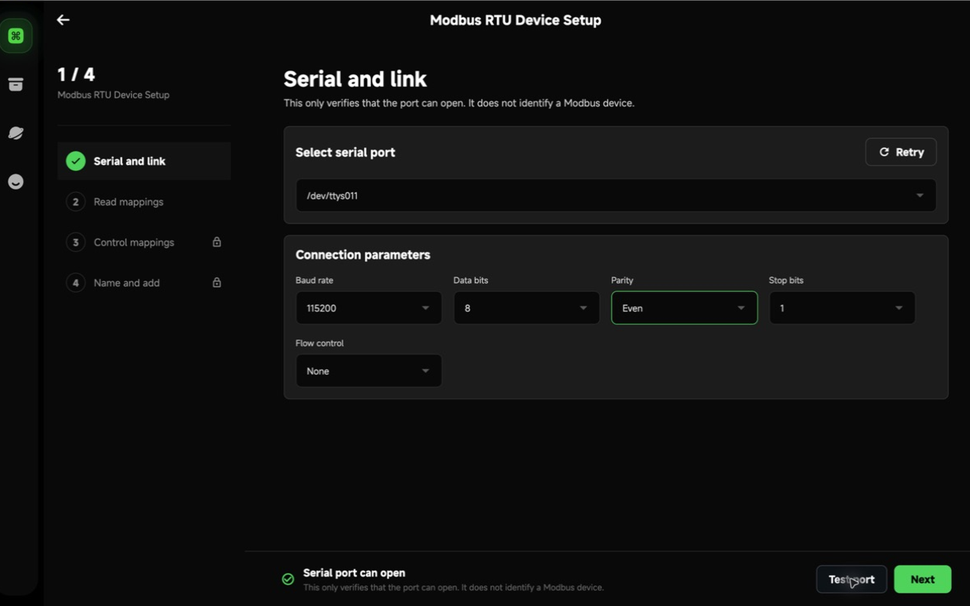 Select a serial port and enter its parameters