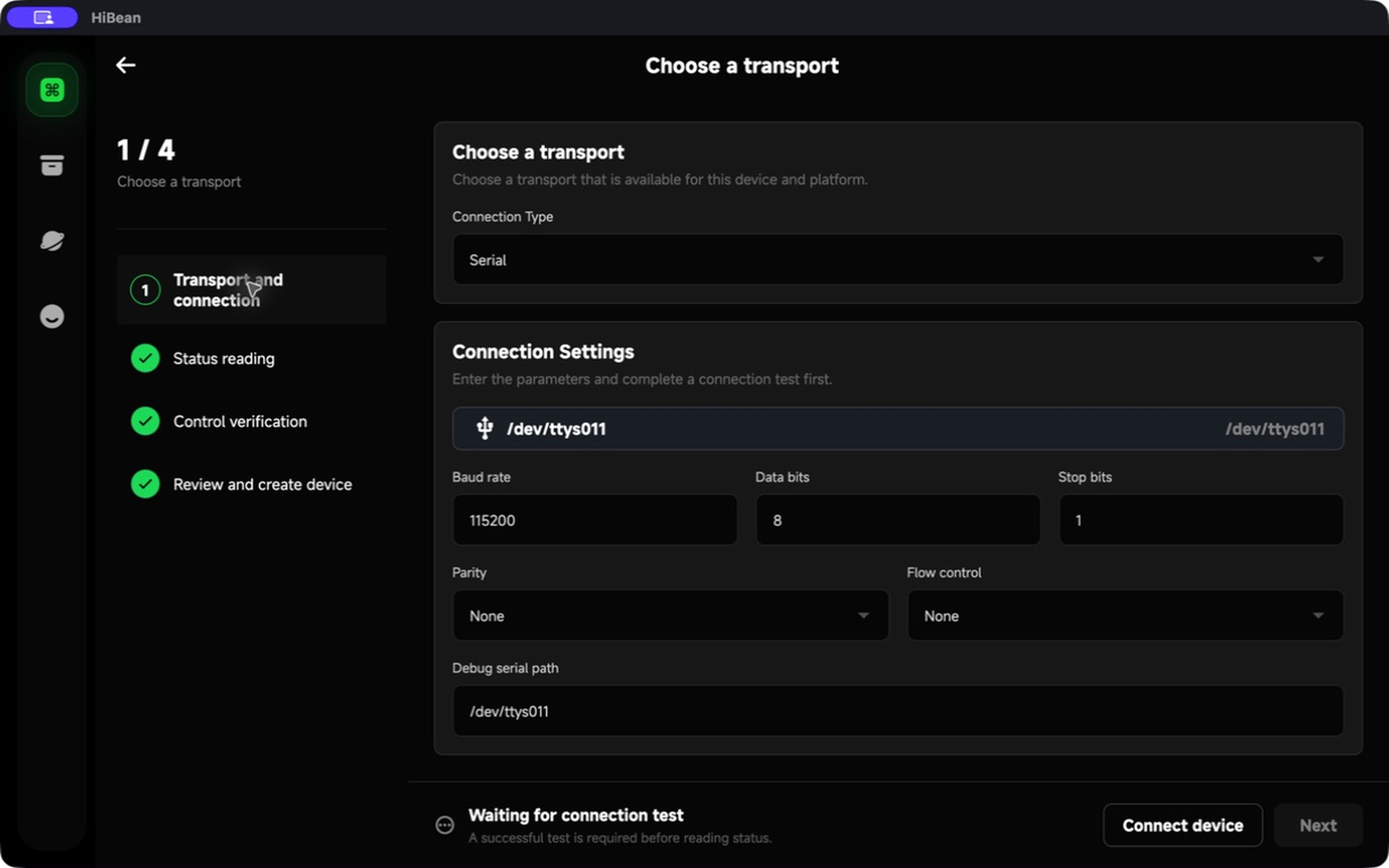 Select and verify the serial link